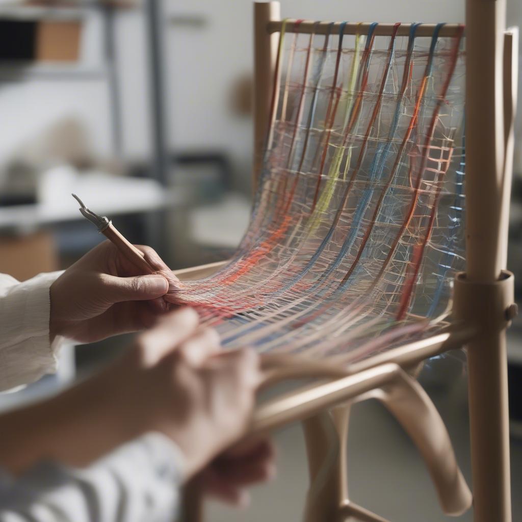 Weaving a metal chair seat with colorful webbing