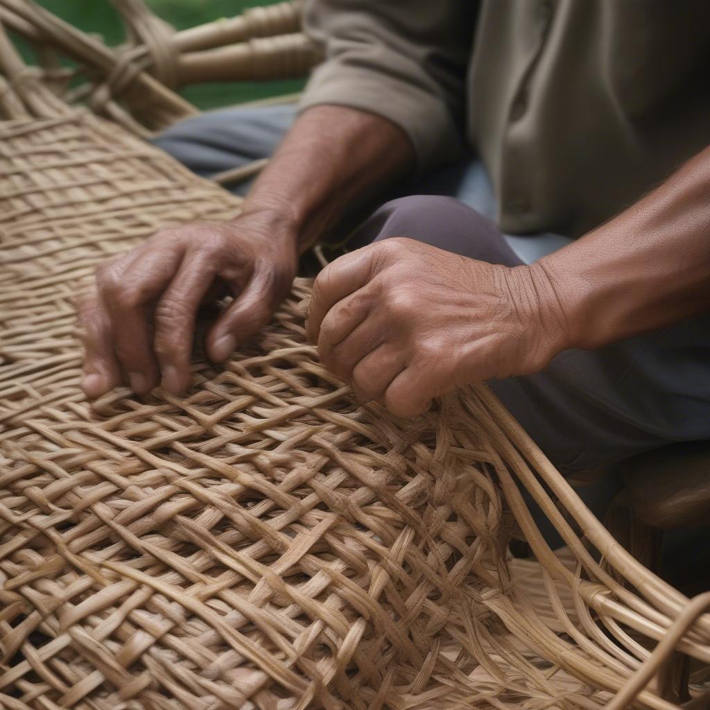 Weaving new rattan into a damaged area of a basket