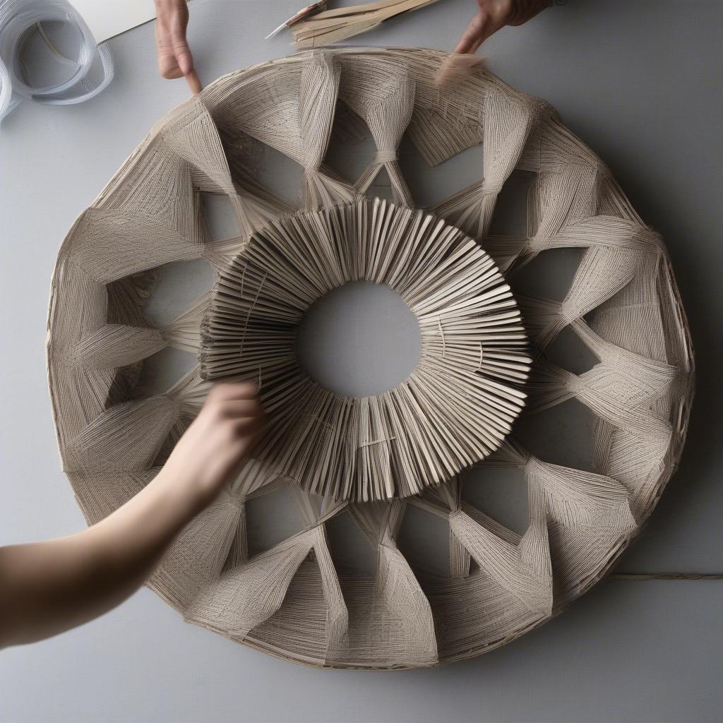 Weaving the base of a newspaper basket with rolled newspaper tubes.