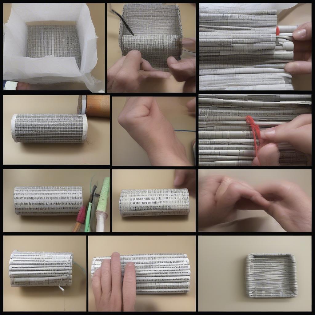 A step-by-step guide on how to weave a newspaper basket, showing the process from rolling the newspaper tubes to assembling the basket structure.