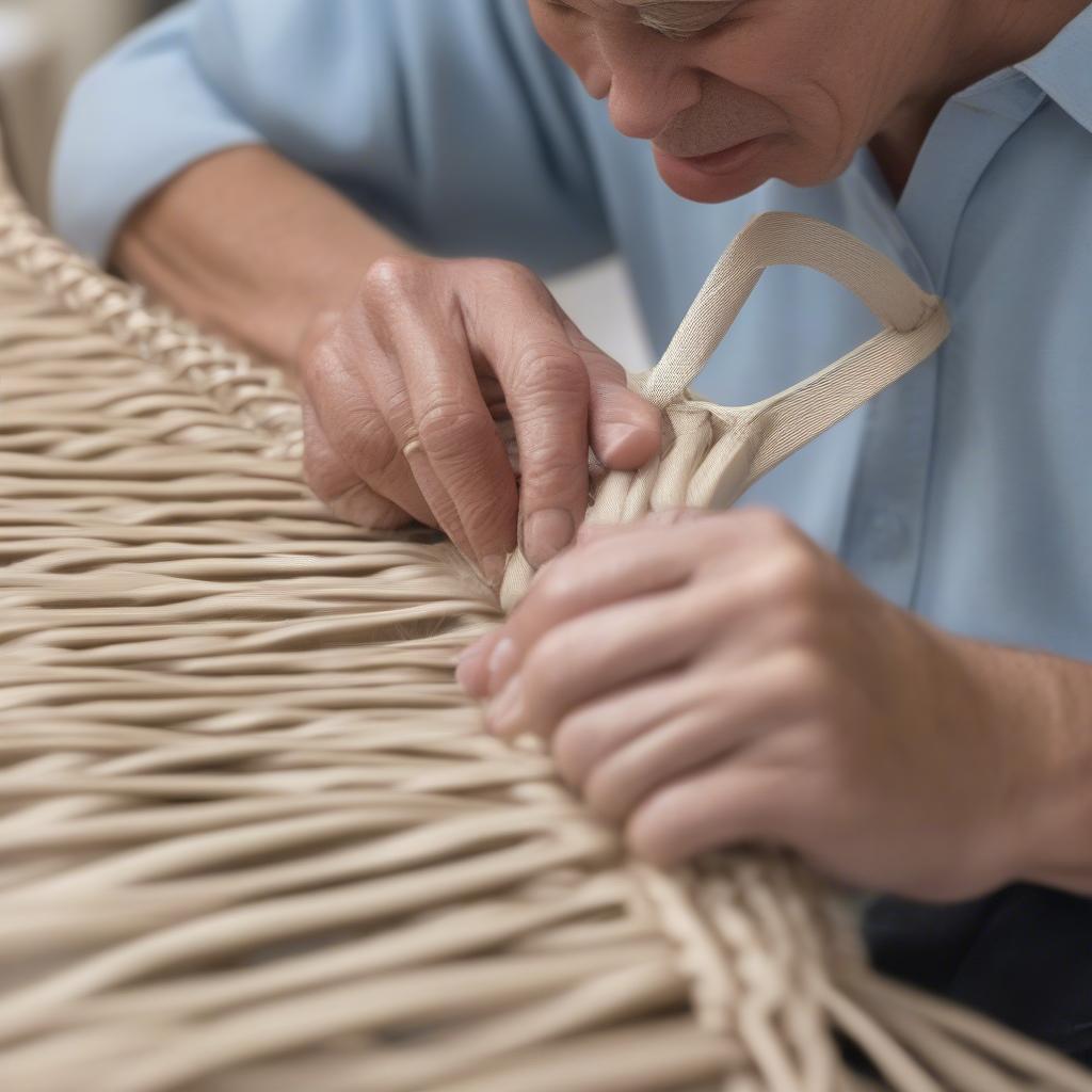 Weaving the nylon webbing onto the chair seat