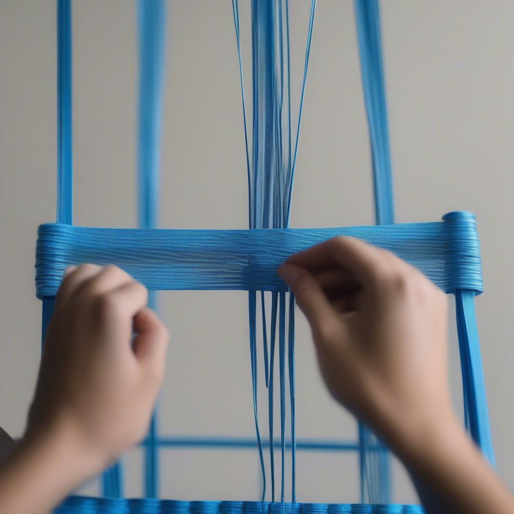 Starting to weave nylon webbing onto a chair seat frame