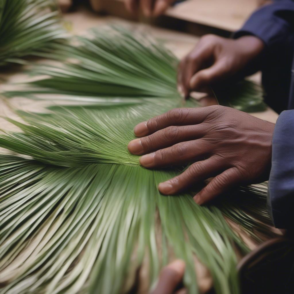 Preparing palm fronds for weaving a hat