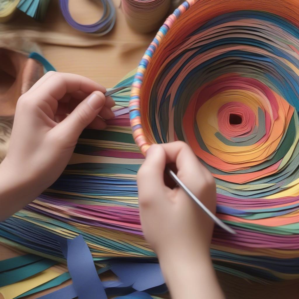 Starting to weave a basket with colorful paper strips