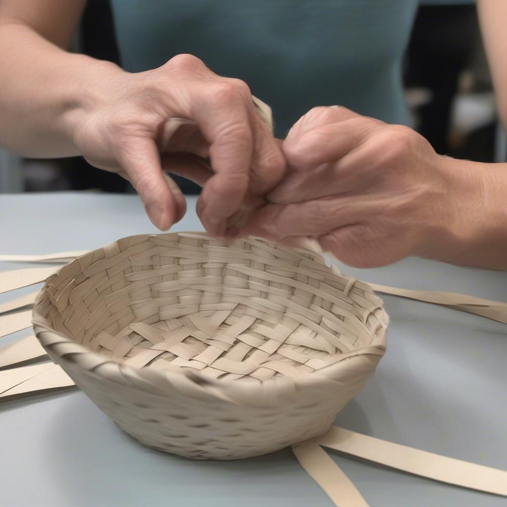 Close-up of hands weaving paper cup strips together to form a basket.