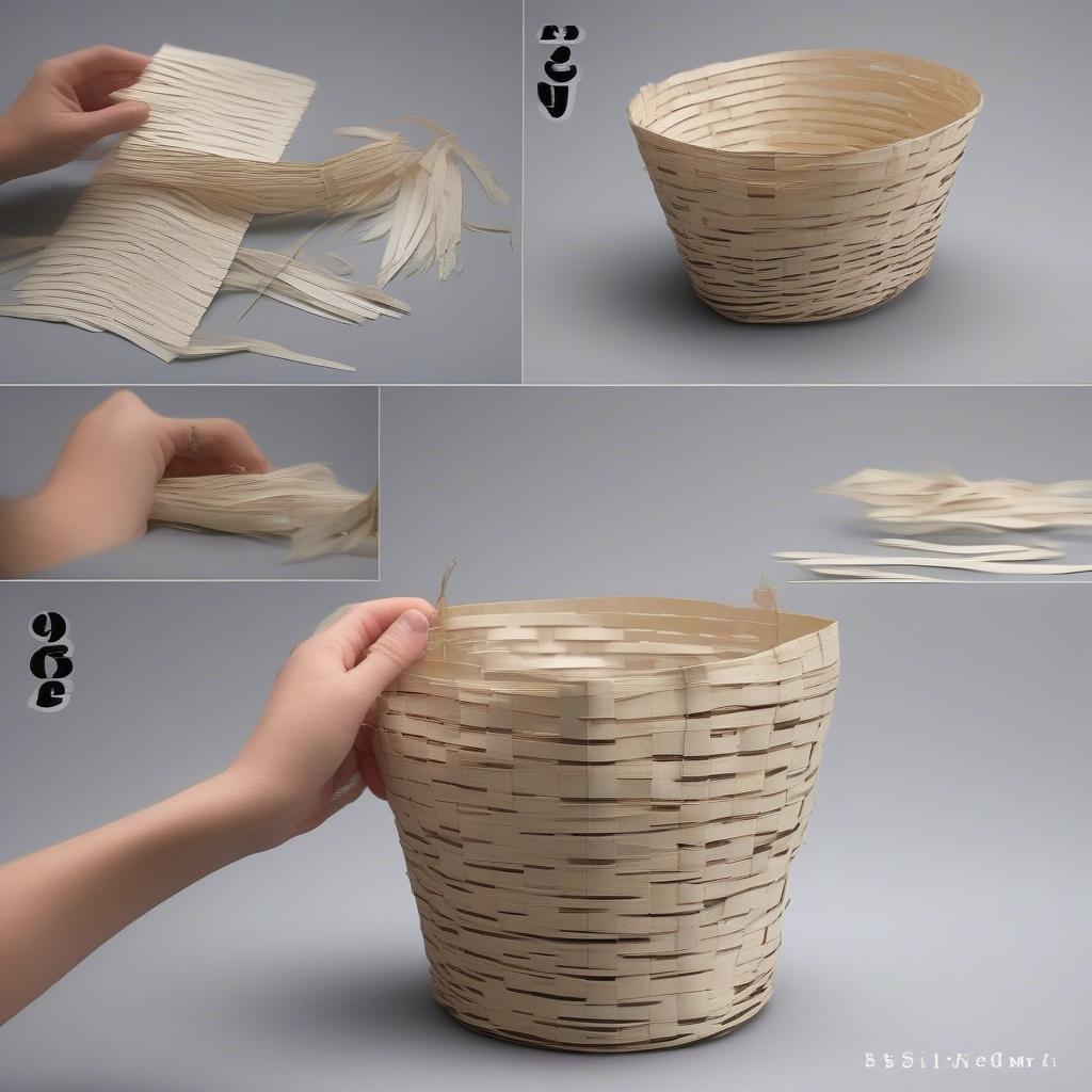 Hands weaving colorful paper strips together to form the sides of an Easter basket.