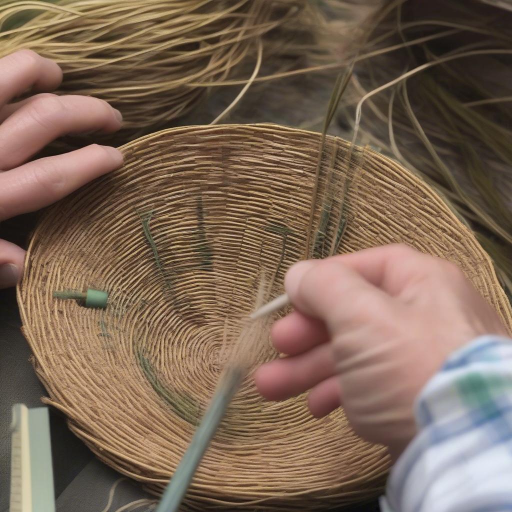 A beginner weaving a pine needle basket