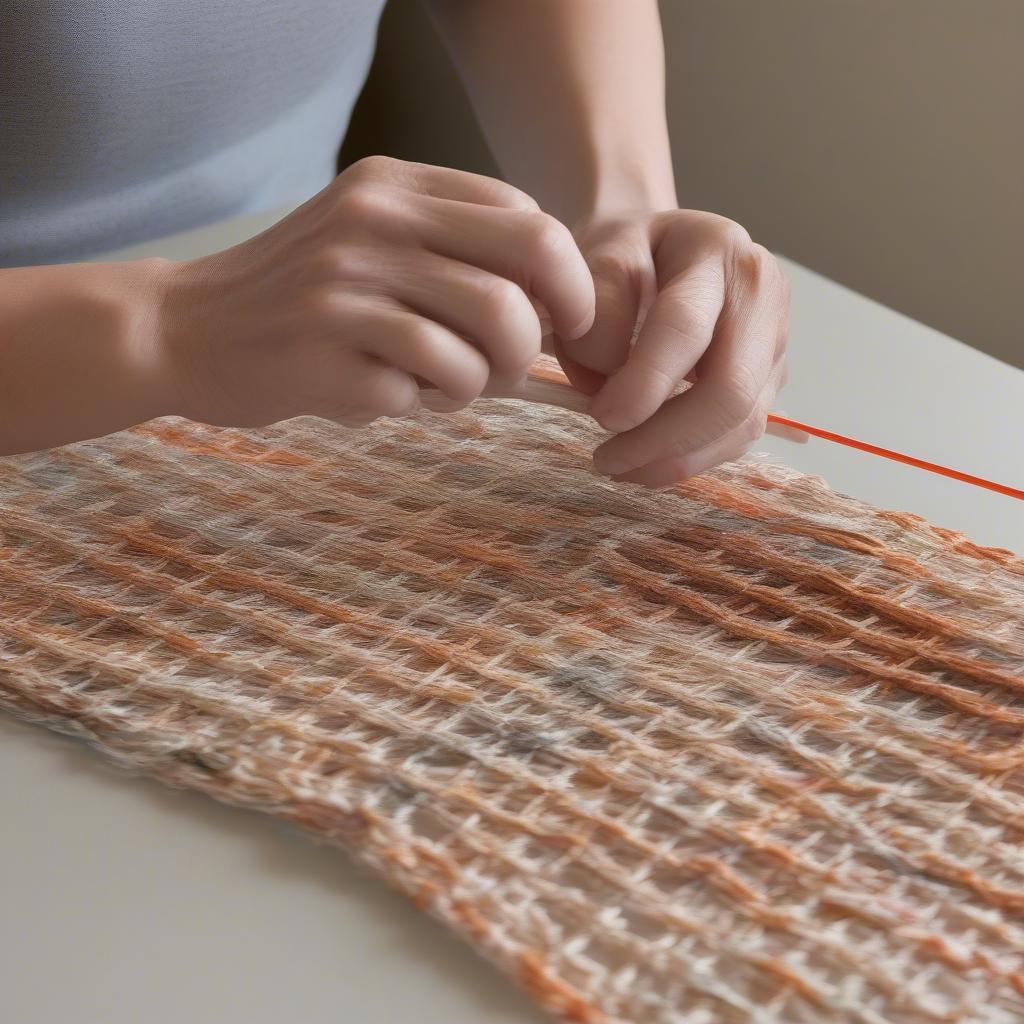 Weaving plarn through cardboard loom to create a plastic bag rug.