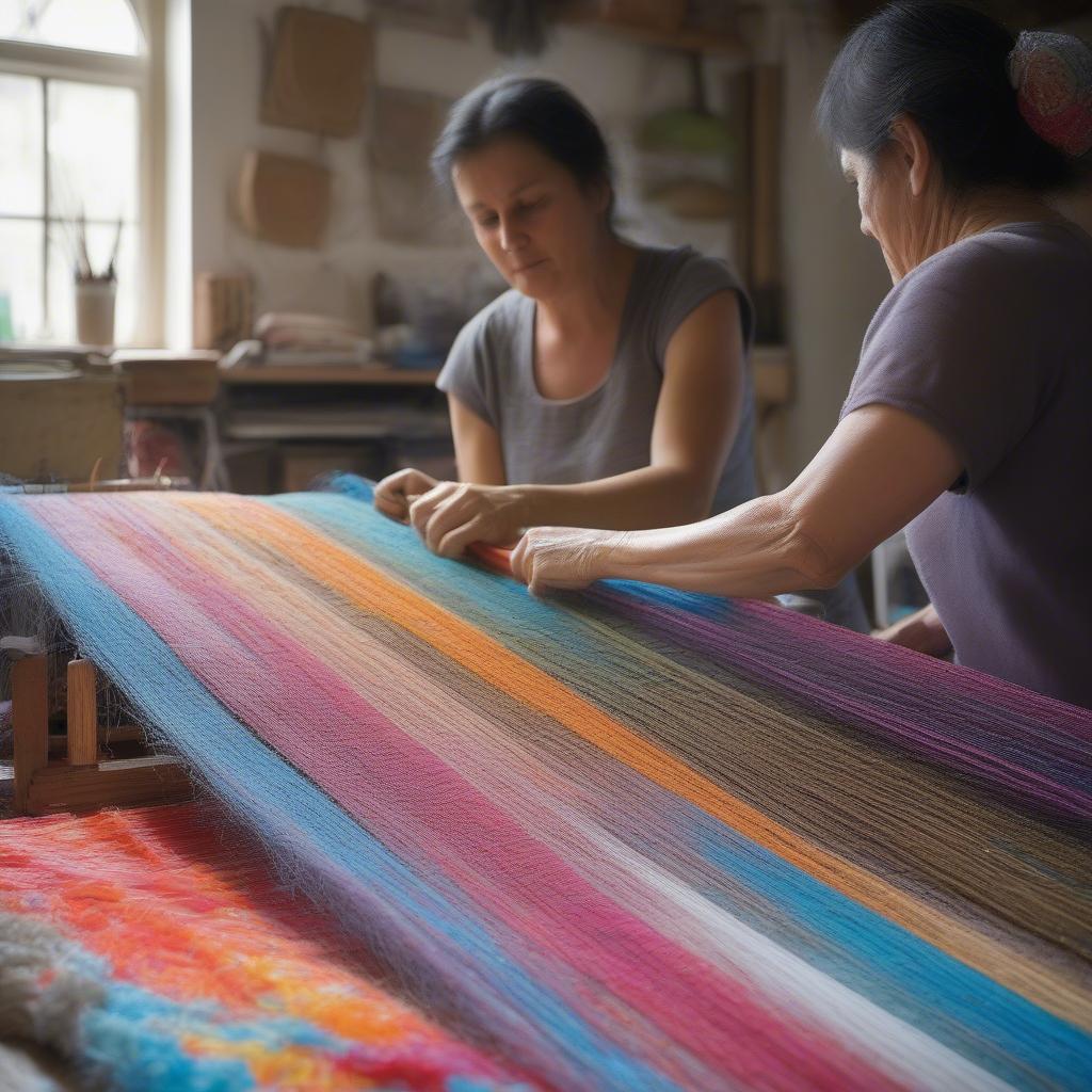 A person weaving a plastic bag rug on a loom, demonstrating the process of creating the rug from recycled plastic bags.