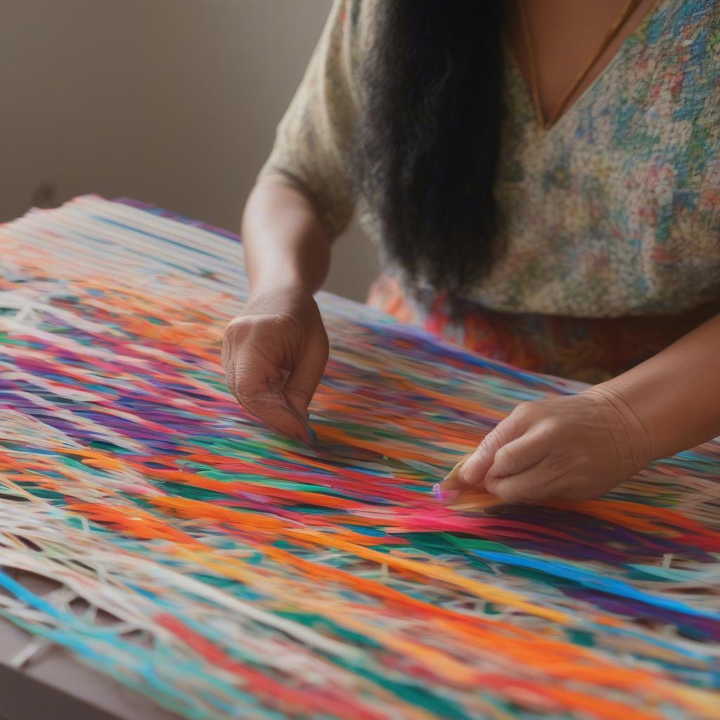 Woman weaving plastic bags into a mat