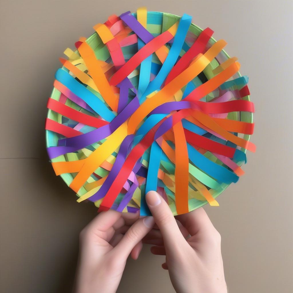 Weaving paper strips through a paper plate template