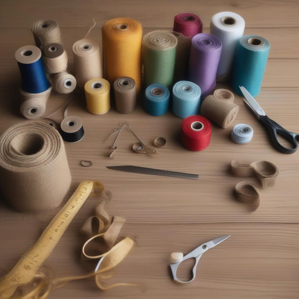 Burlap, ribbon, scissors, measuring tape, and pins laid out on a table.