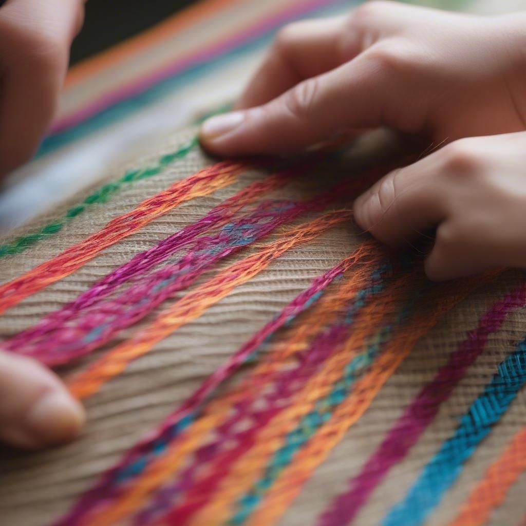 Close-up of hands weaving ribbon through slits in burlap.