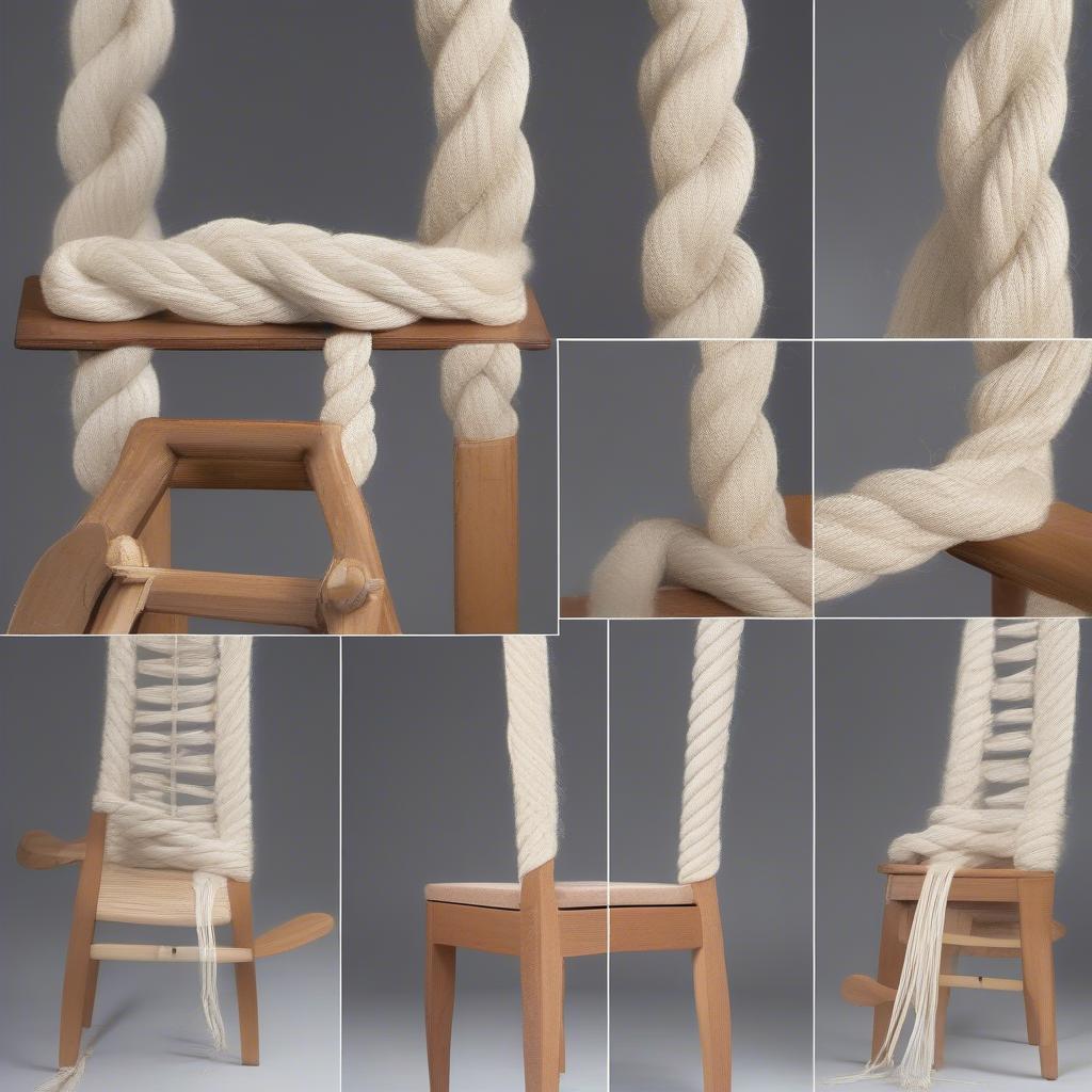 Step-by-step process of weaving rope braid onto a dining chair frame, demonstrating proper technique and knotting.