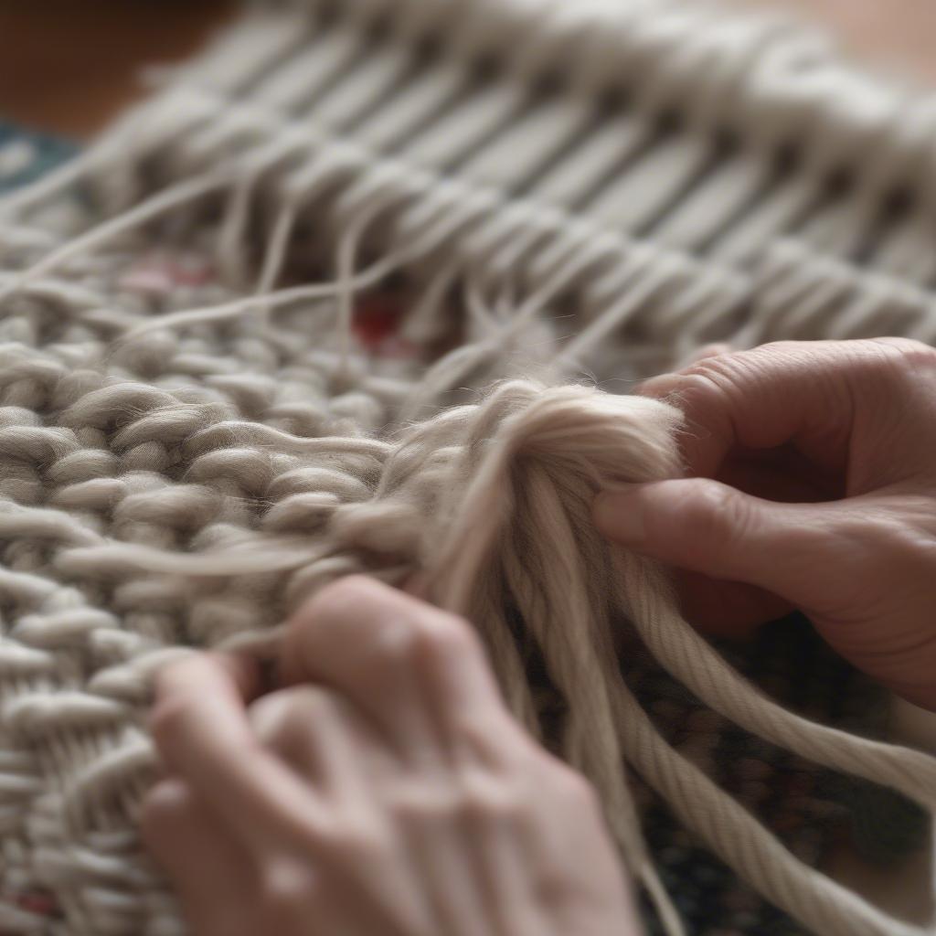 Close-up view of hands weaving a bag with thick rug yarn, showcasing the texture and process.