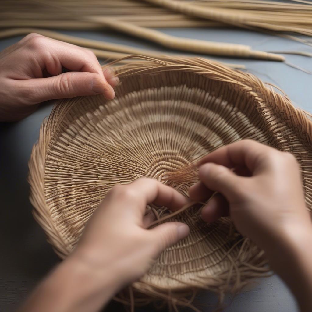 Weaving a small basket using natural reed material