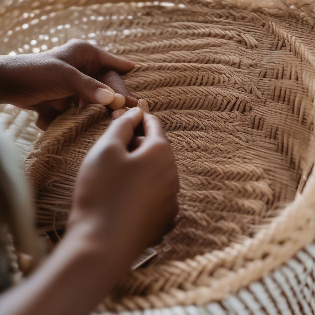 Hands actively weaving the temptations basket weave pattern onto a basket, demonstrating the over-under weaving technique.