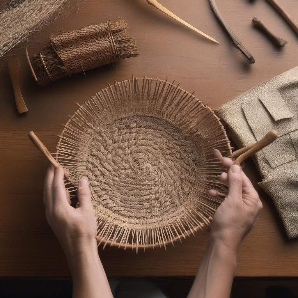 Weaving the sides of a vine basket