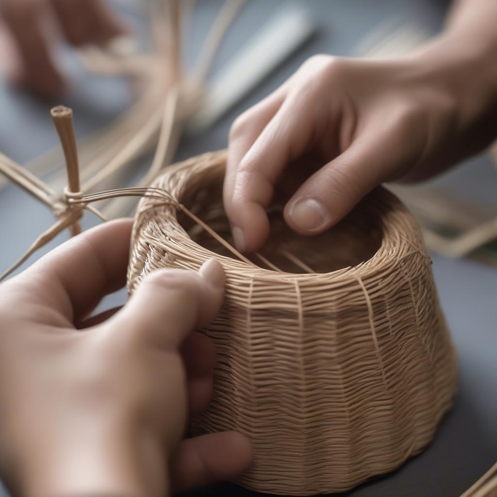 Weaving tiny baskets using natural materials like wicker and reed.