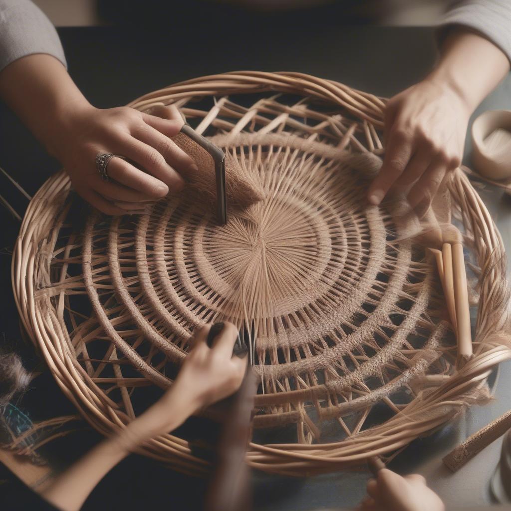 A beginner weaving a wicker basket