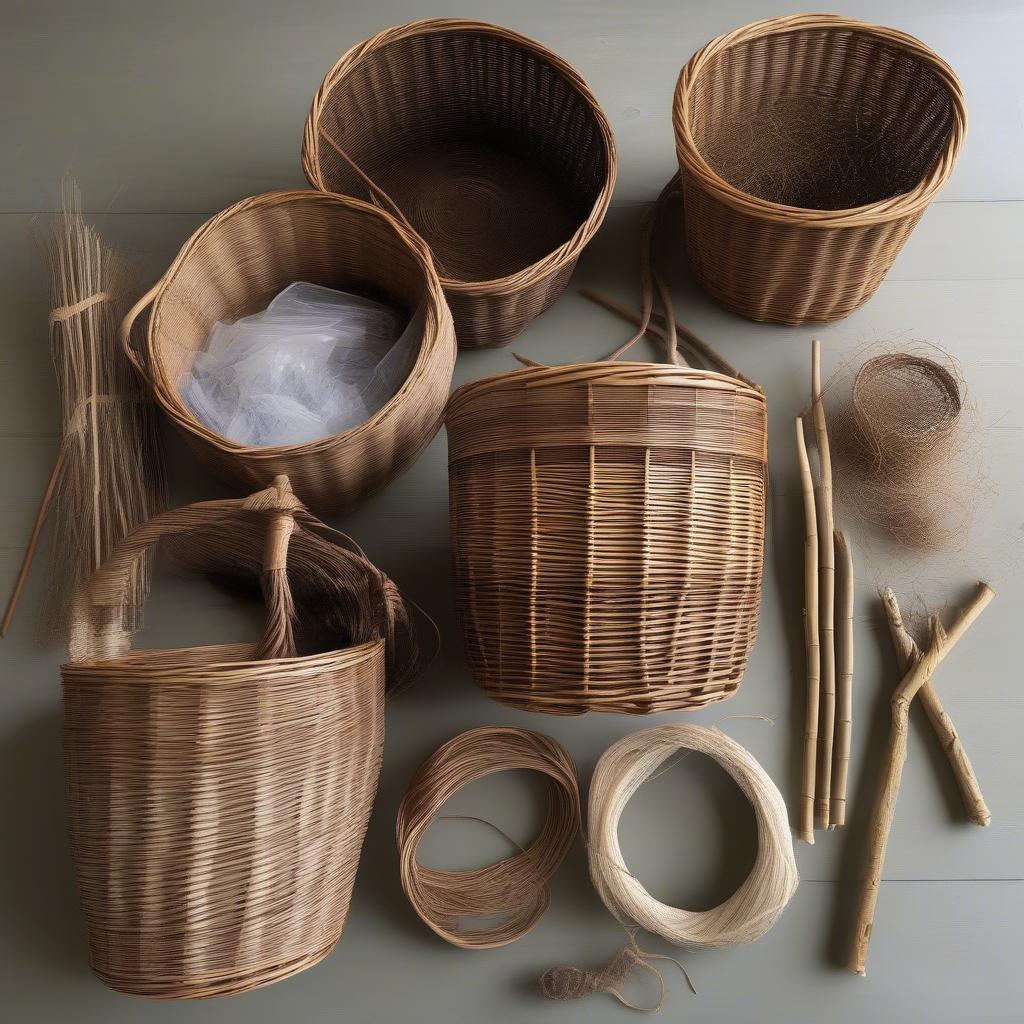 Willow Basket Weaving Materials: Different types of willow rods, soaking tools, and a finished basket.