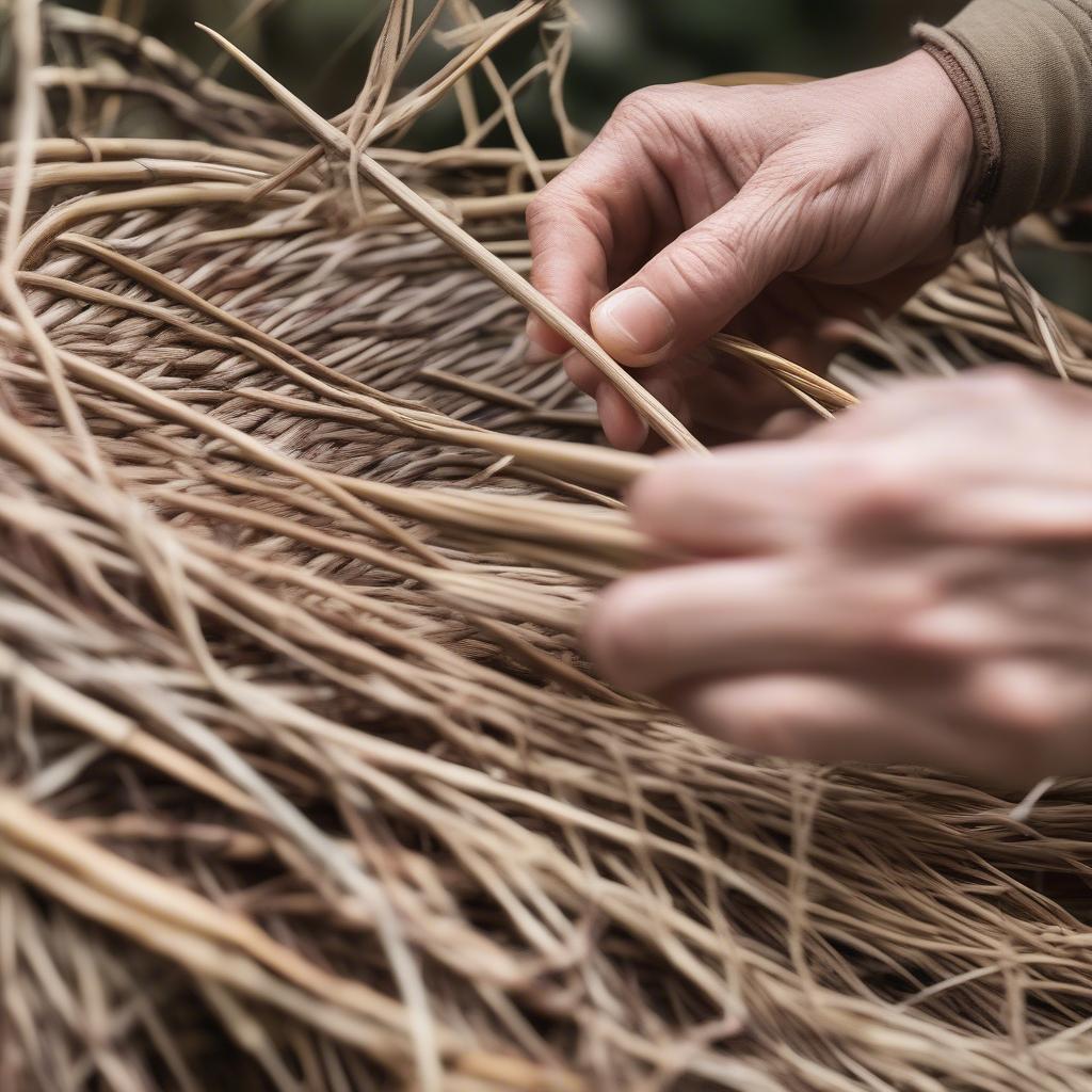 A beginner weaving a willow basket, guided by an experienced artisan.