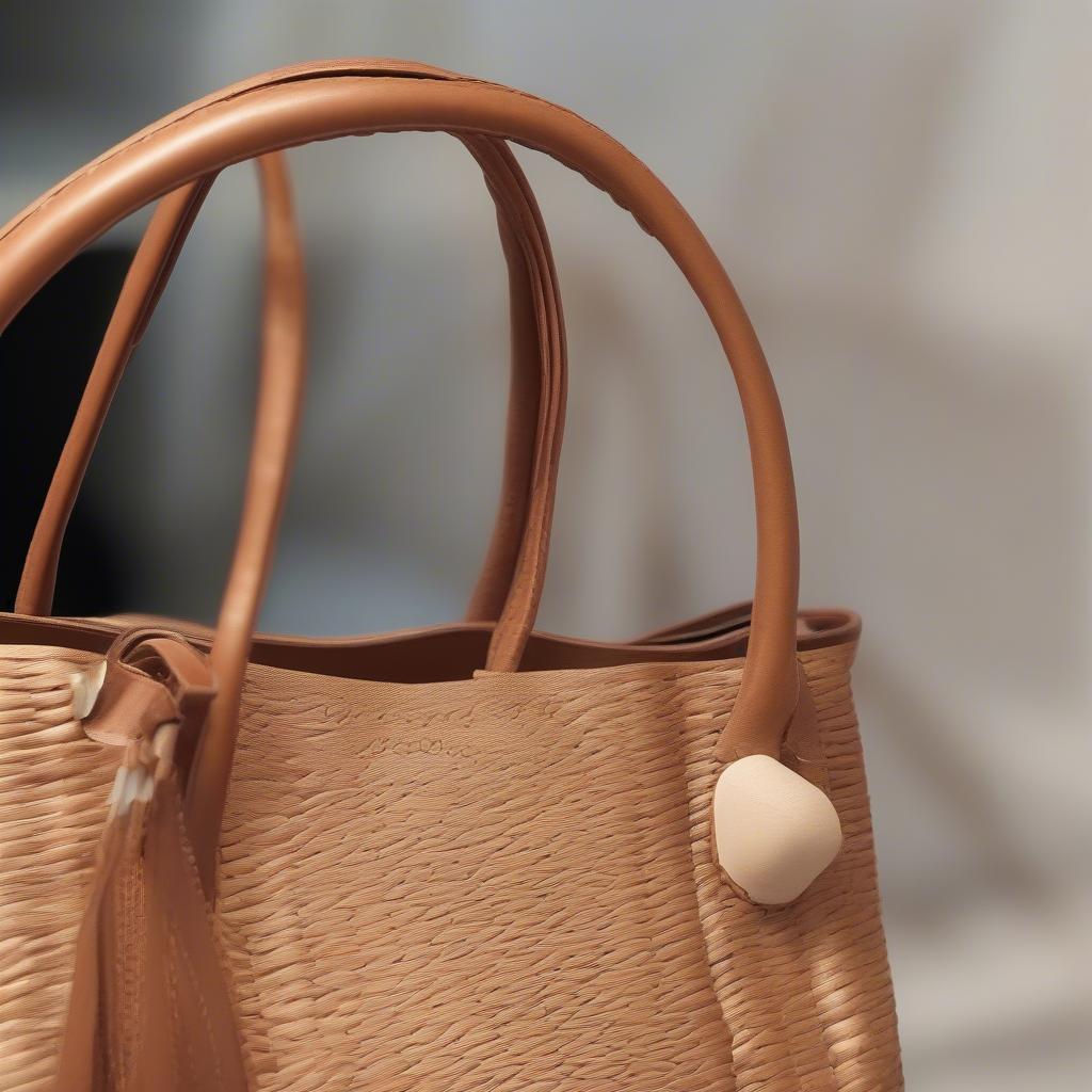 Close-up view of the Pretty Simple Westlyn Woven Bag showing its intricate weave and natural color.