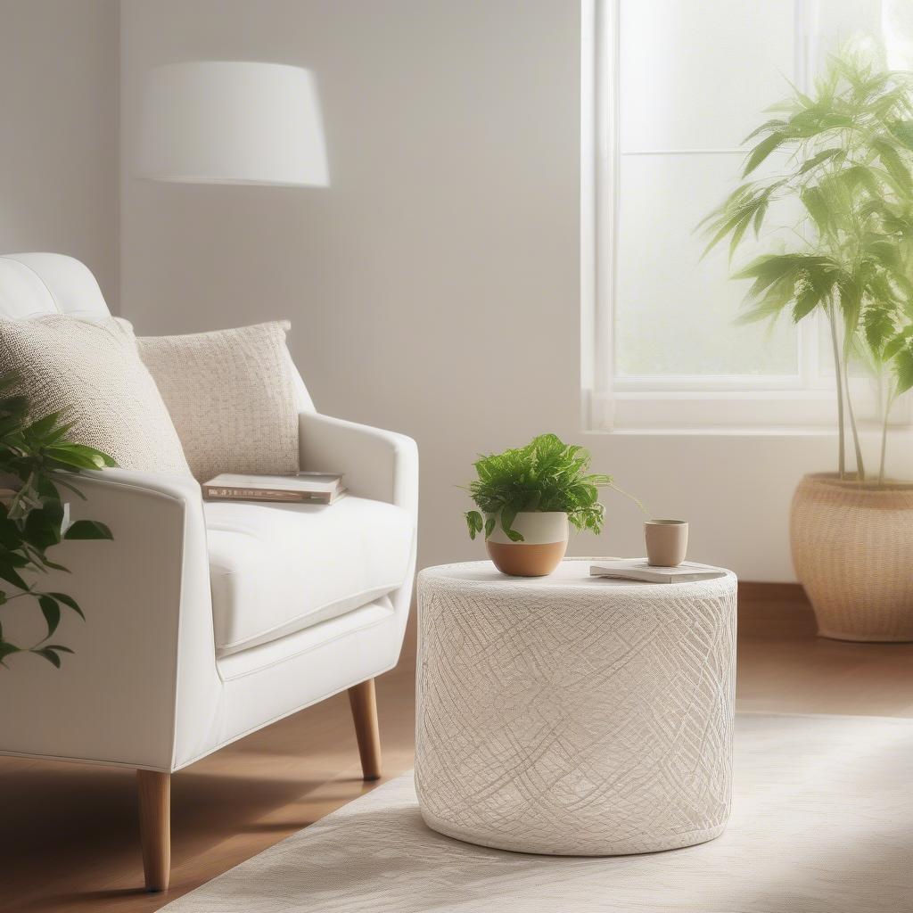 White bamboo weave side table in a modern living room setting