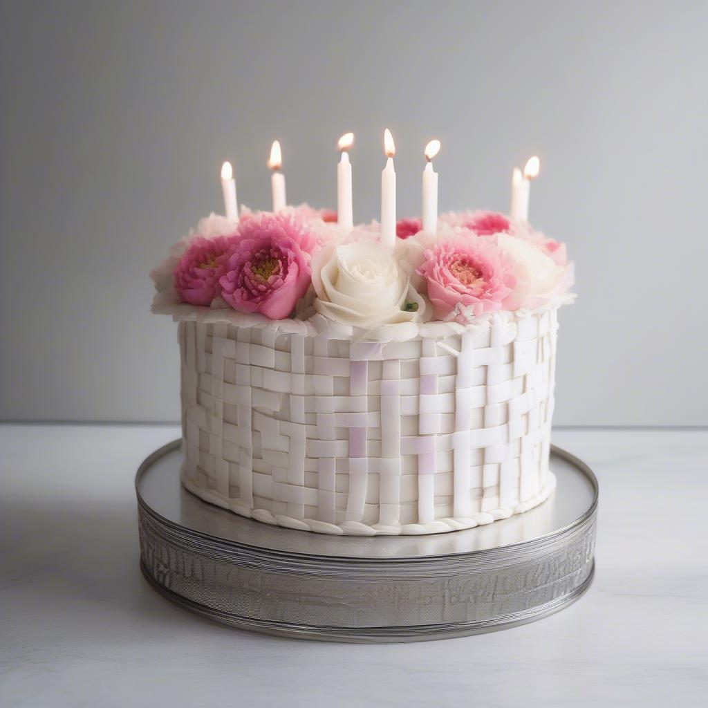 White basket weave cake decorated for an anniversary celebration