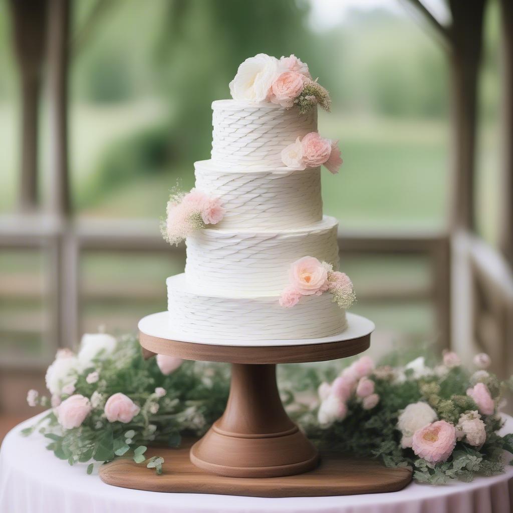 White basket weave cake decorated with flowers for a wedding