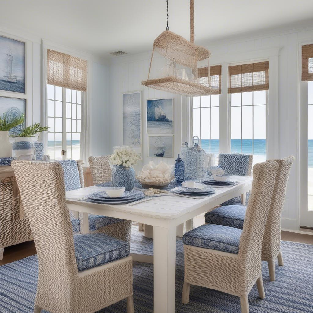 White Basket Weave Chairs in a Coastal Dining Setting