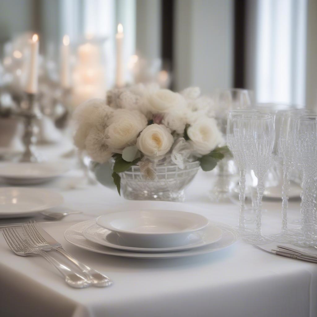 White basket weave dinner plates in a formal table setting