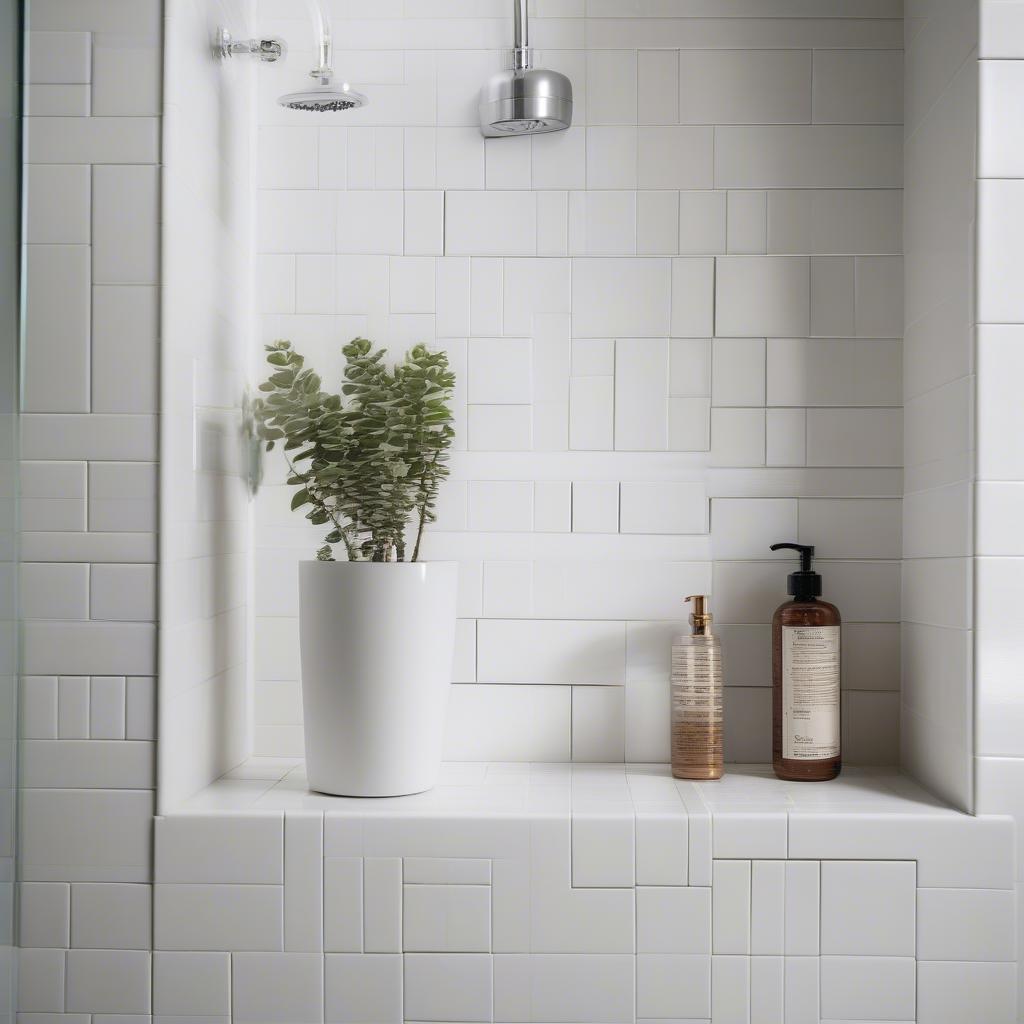 White Basket Weave Tile in a Shower Niche