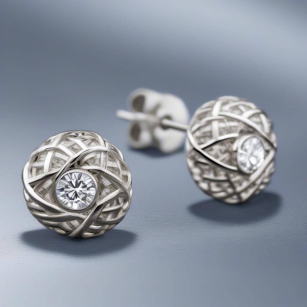 Close-up of white gold basket-weave diamond stud earrings