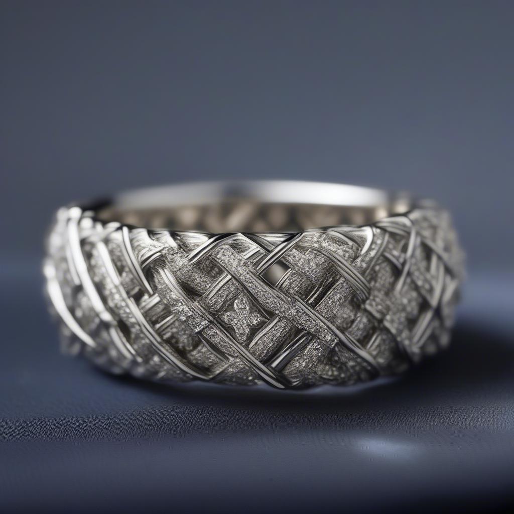 Close-up of a white gold basket weave ring showcasing the intricate woven pattern and sparkling diamonds.