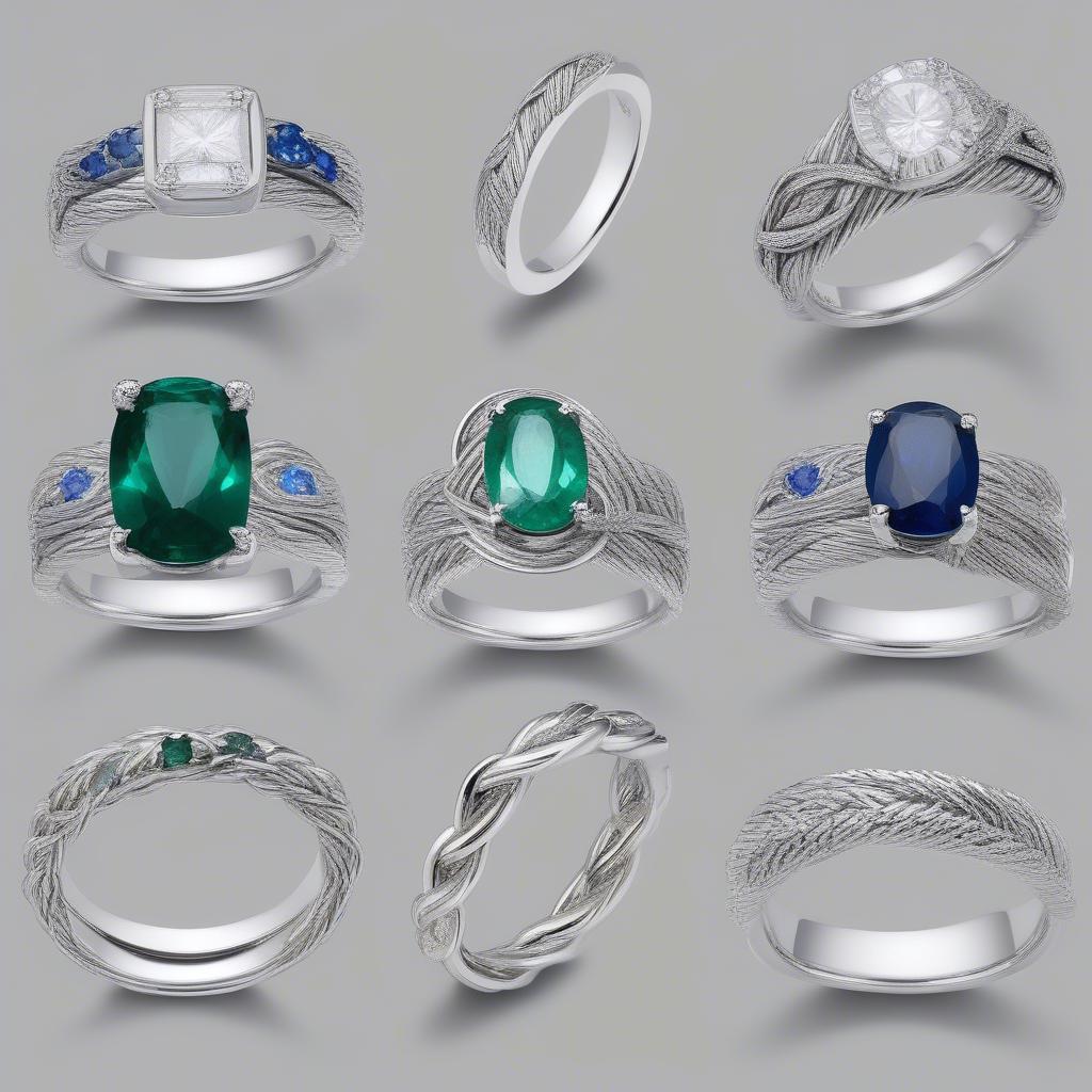 Variety of white gold basket weave rings with different gemstones like diamonds, sapphires, and emeralds.