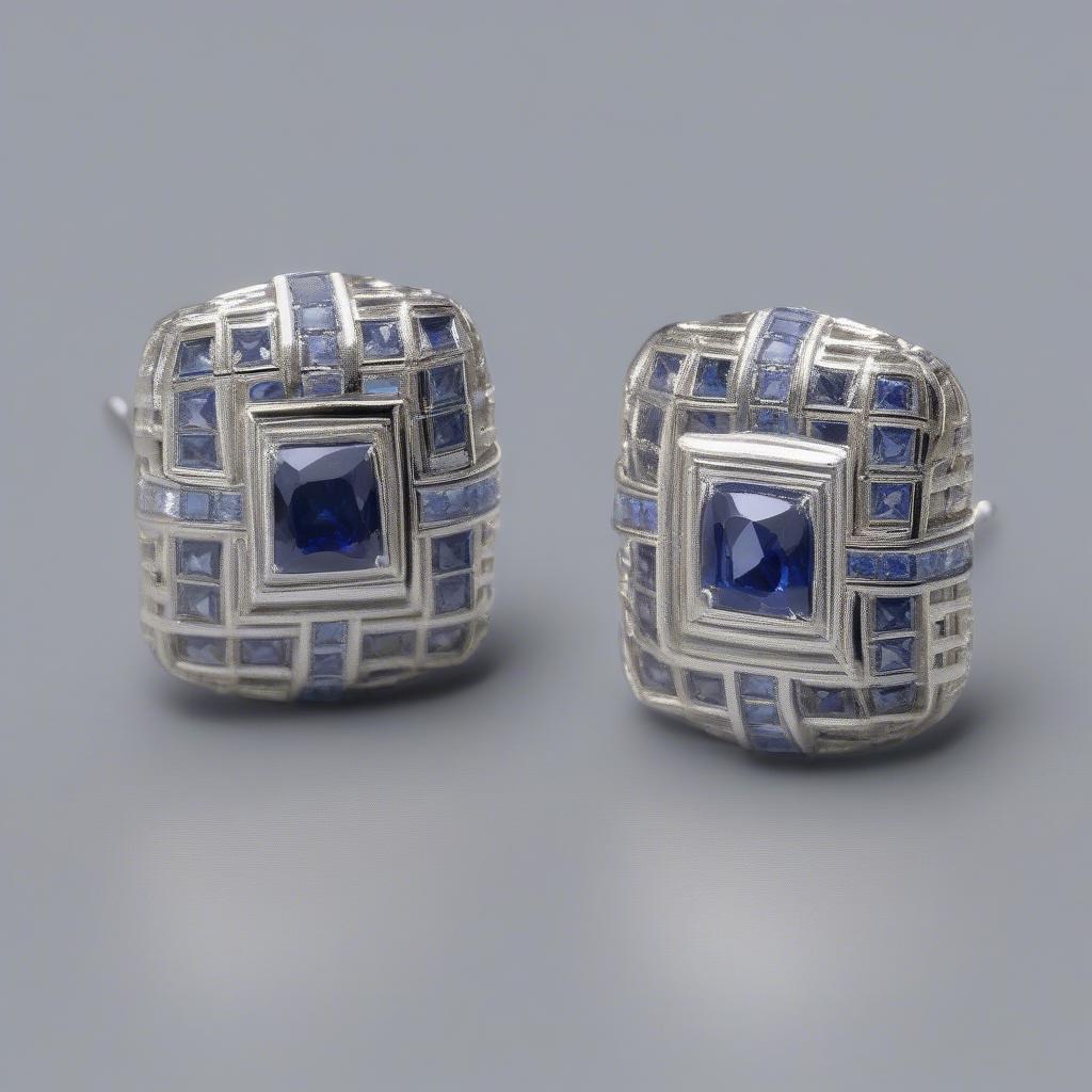 White gold basket-weave stud earrings with blue sapphires