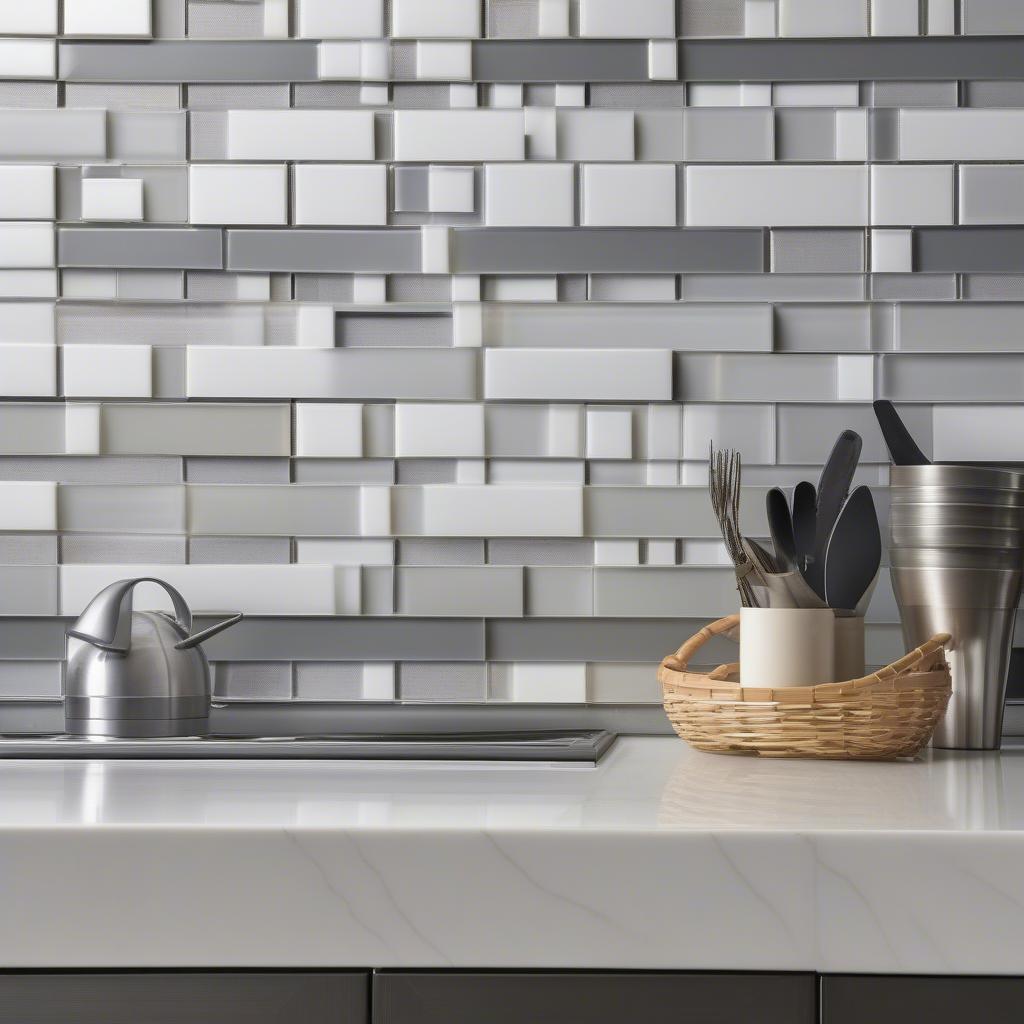 White and gray shimmer basket weave backsplash tile in a modern kitchen.