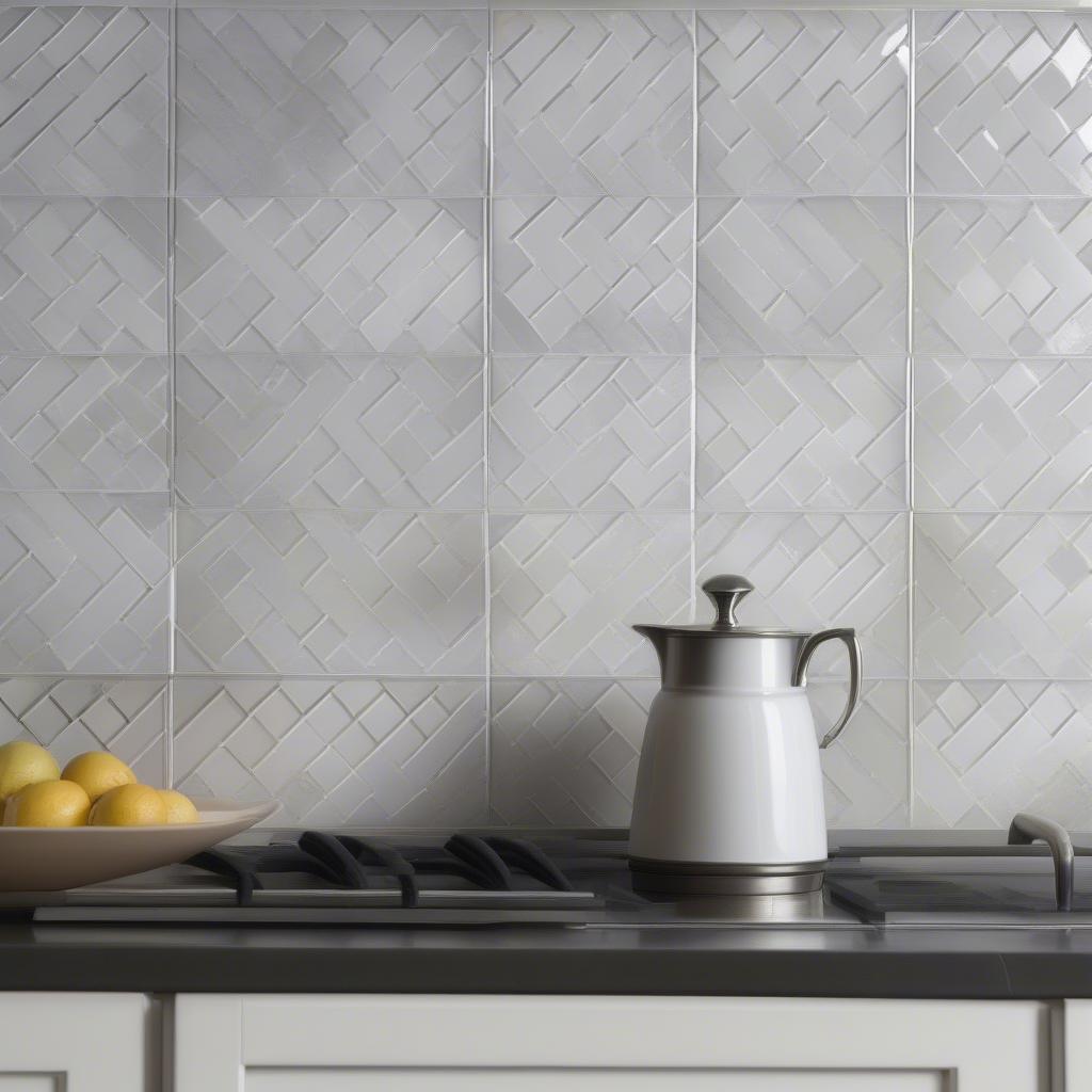 White and Gray Shimmer Basket Weave Tile Kitchen Backsplash