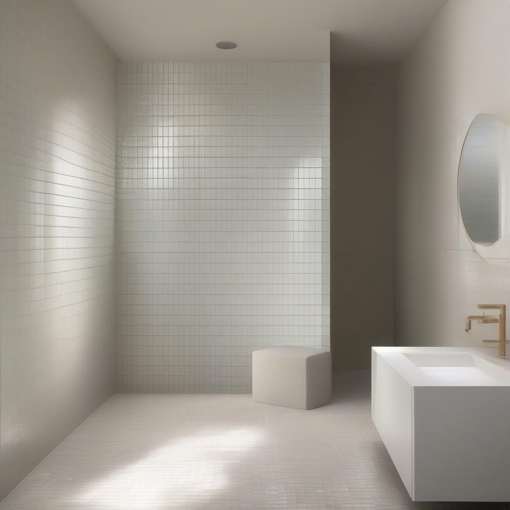 White iridescent basket weave tile in a modern bathroom