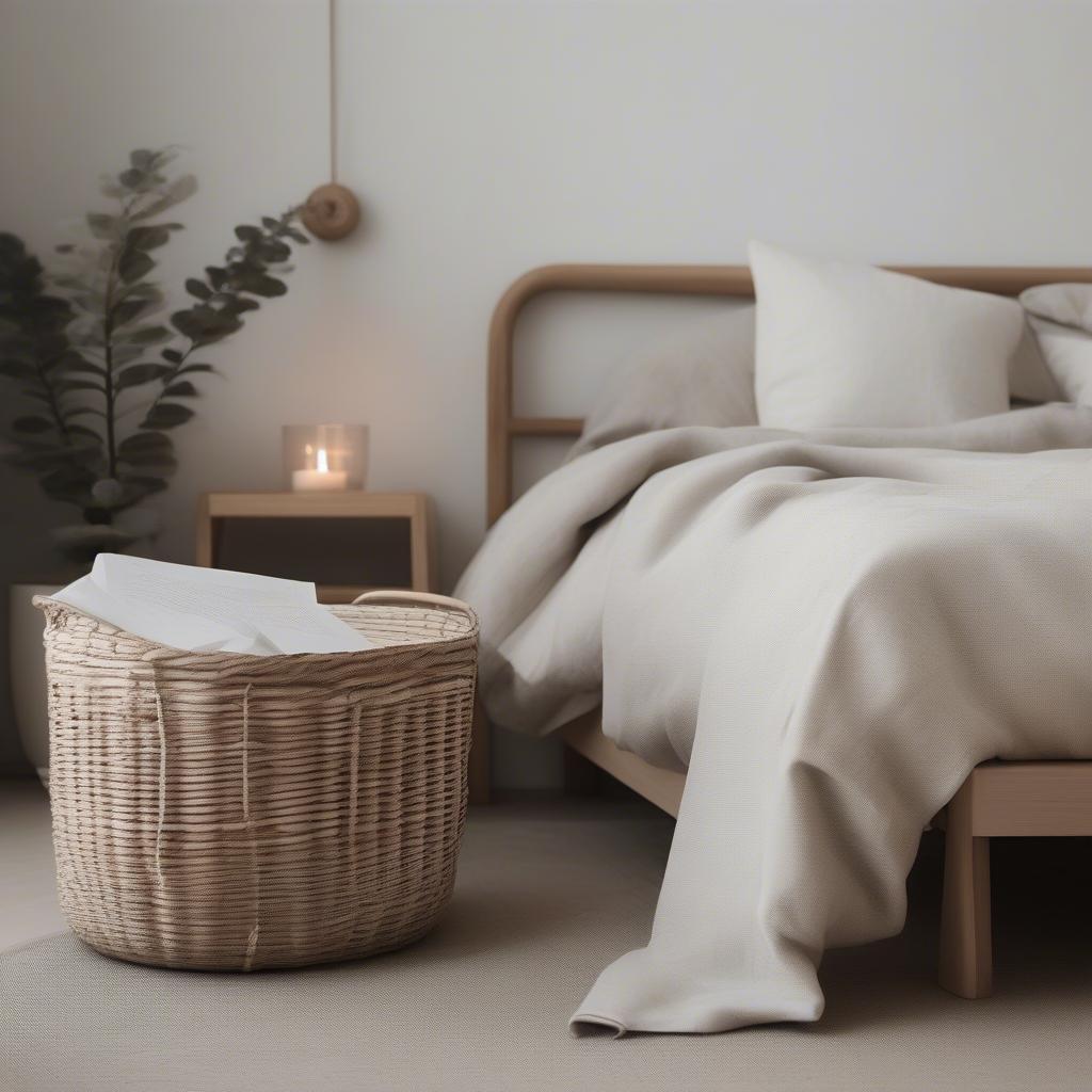 White open weave baskets used for storage in a minimalist bedroom.