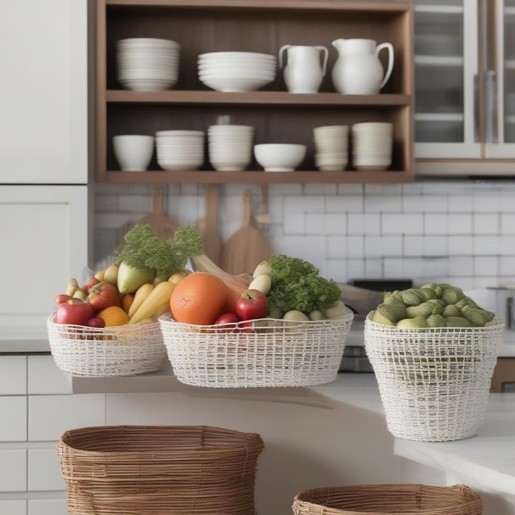 White open weave baskets used to store produce in a kitchen setting.