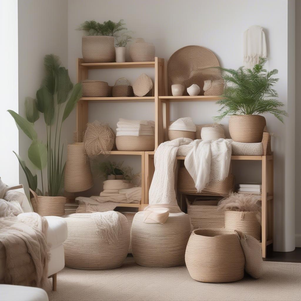 White open weave baskets used as storage and decor in a living room setting.