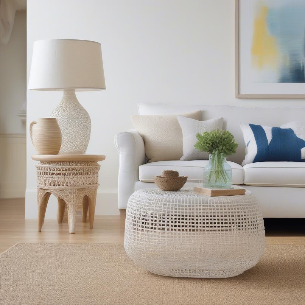 White Open Weave Table Lamp in Living Room Setting