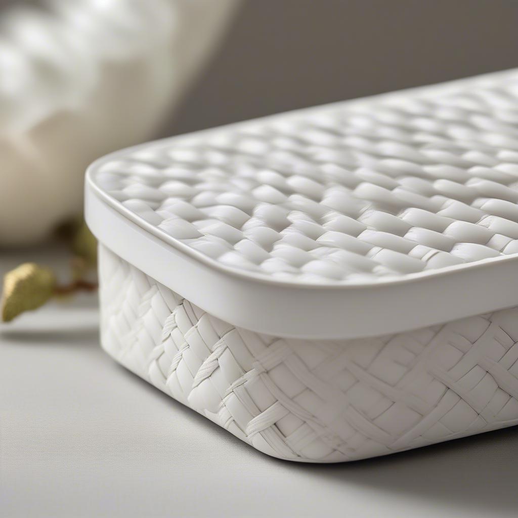 Close-up view of a white oval porcelain basket weave box showcasing the intricate details of the woven pattern and the smooth porcelain finish.