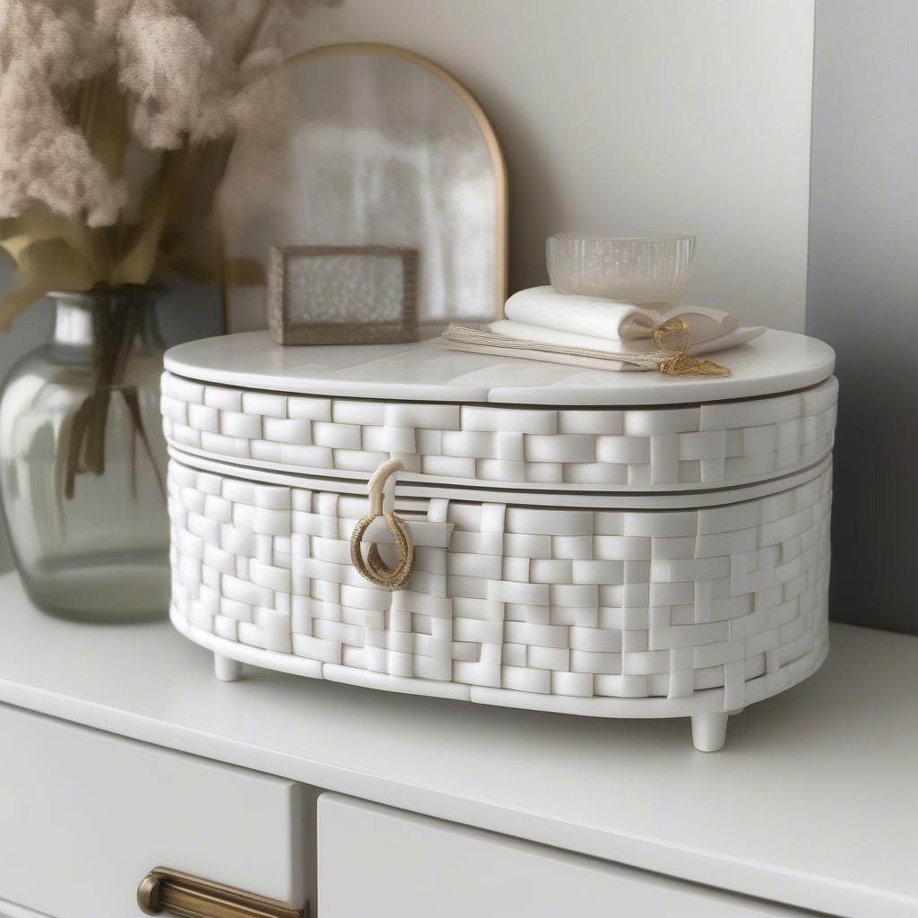 A white oval porcelain basket weave box placed on a dresser, styled with other decorative items like a vase of flowers and a framed photo.