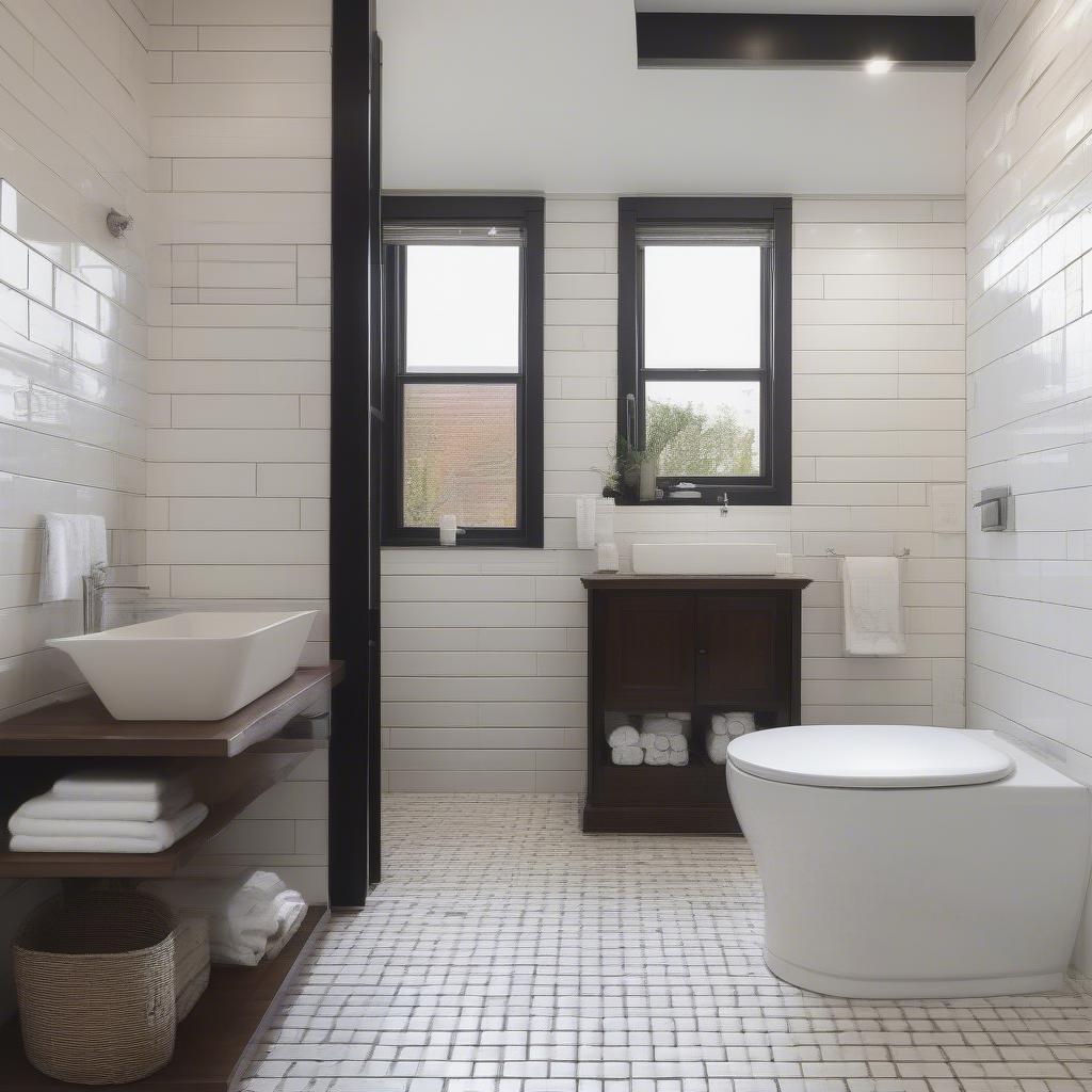 White subway tile basket weave pattern on a bathroom floor.