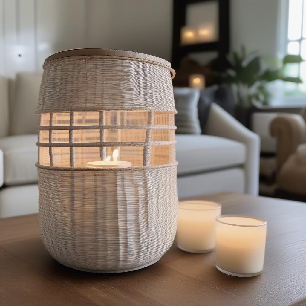 White Wood Basket Weave Candle Lantern in a Living Room Setting