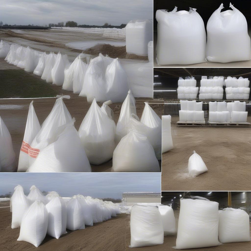 Various applications of white woven polypropylene bags in different industries.