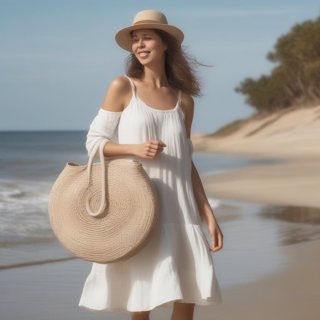 White Woven Round Bag Paired with a Beach Outfit